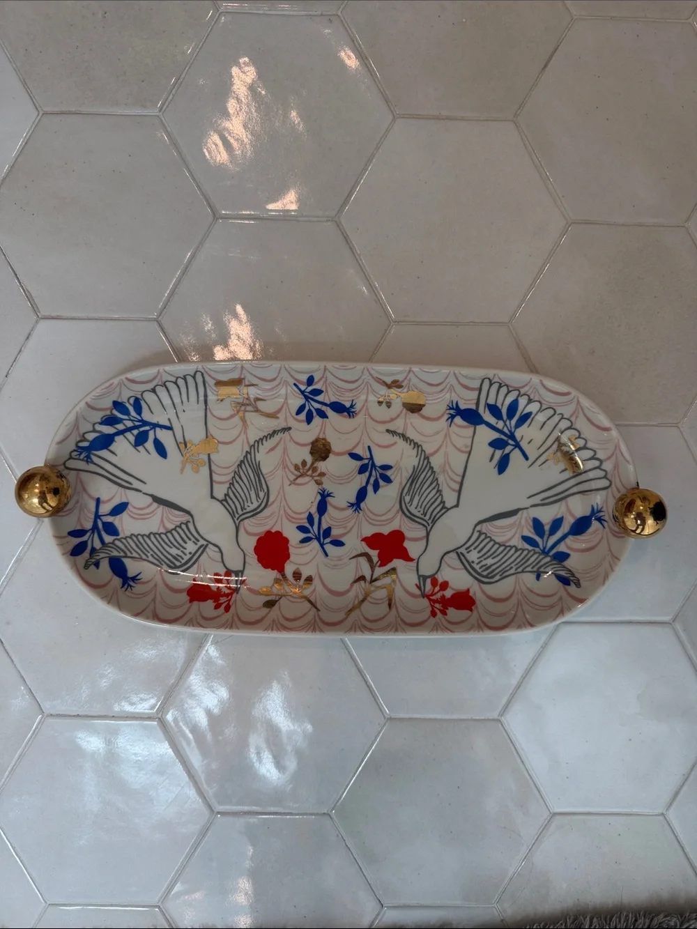 Anthropologie Decorative White Ceramic Tray with Blue Birds and Gold Accents